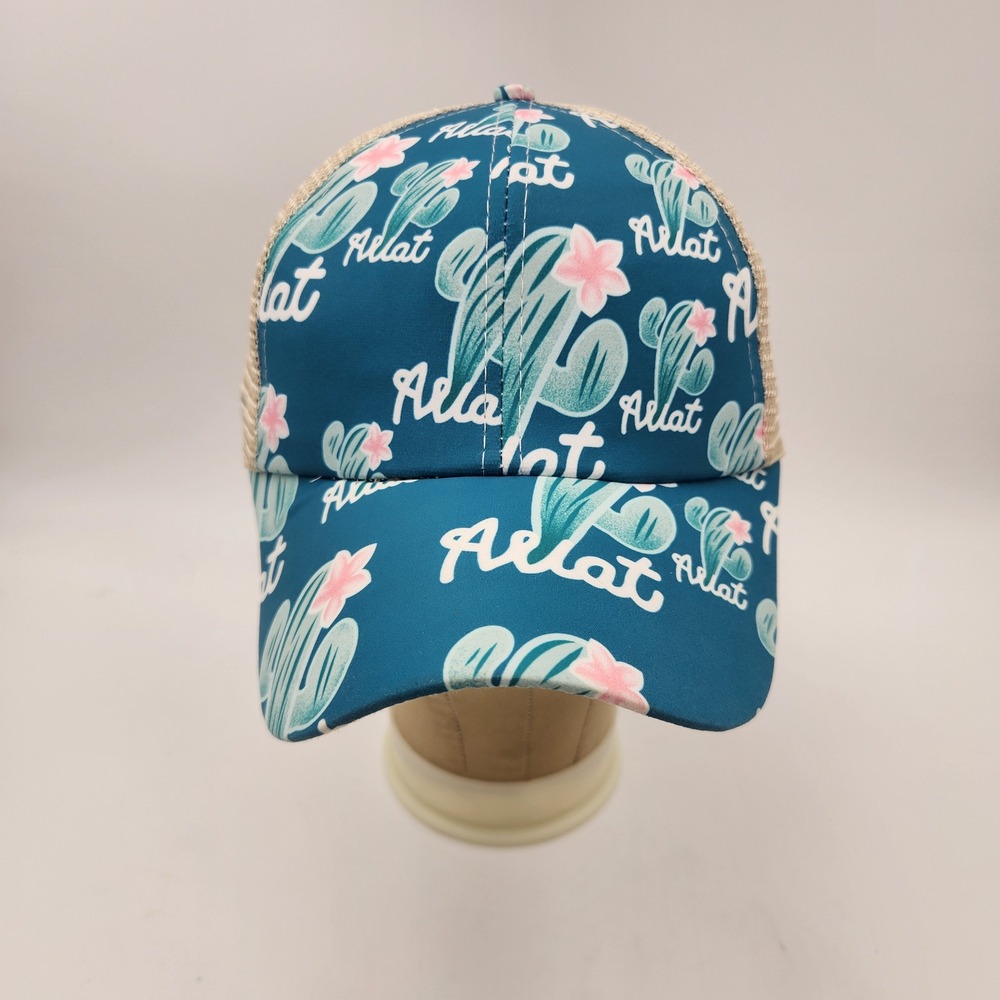 Womens Cactus Print Ponytail Trucker Hat Teal Tan Mesh Baseball Cap EUC - Picture 3 of 10